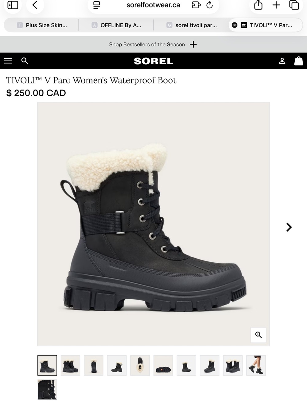 NEW SOREL Tivoli V Parc Women's Waterproof Boot - Black with Cream Collar